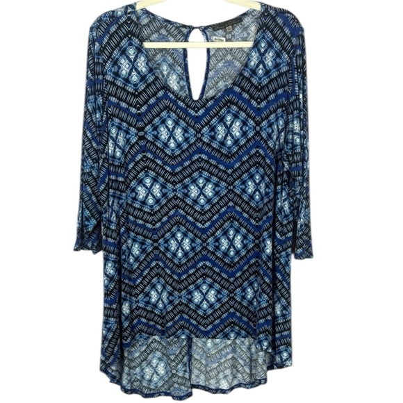 Rose & Olive Blue Graphic Asymmetrical 3/4 Sleeve Tunic Size 3X - Picture 1 of 10